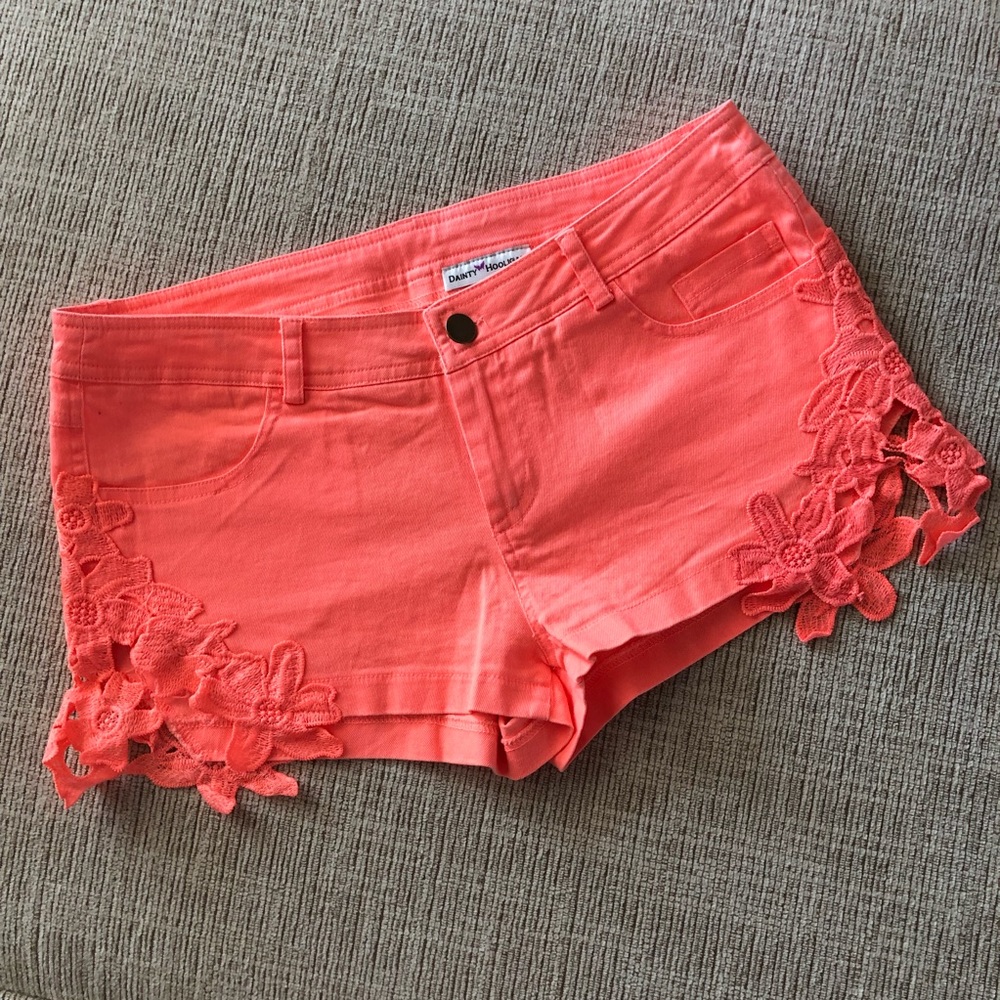 Never worn Neon orange crochet shorts